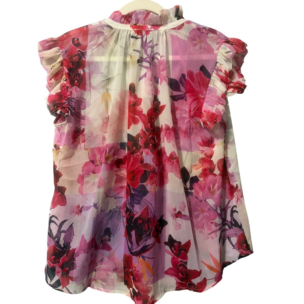 CHICOS Womens Floral Ruffle Neck Button Front‎ Blouse Top - Picture 2 of 3